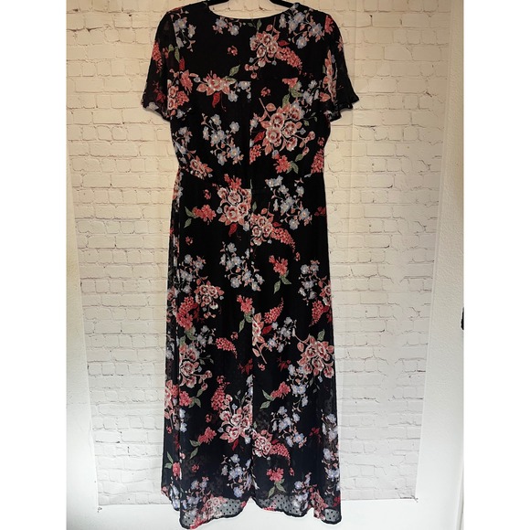 Lane Bryant Black Floral Swiss Dot Flutter Sleeve Button Front Midi Dress 14 - Picture 5 of 7